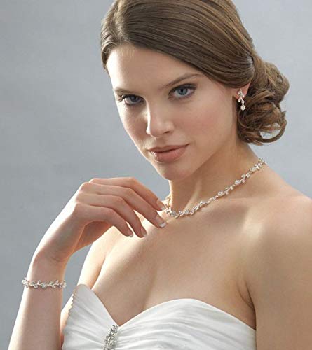 Schmuckanthony Best Seller Hochzeit Silber Versilbert Brautschmuck Schmuckset Kette Armband Bracelet Ohrringe Kristall Blumen Blätter milchig Weiß Kristall klar Transparent - 3