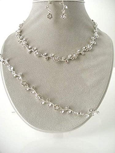 Schmuckanthony Best Seller Hochzeit Silber Versilbert Brautschmuck Schmuckset Kette Armband Bracelet Ohrringe Kristall Blumen Blätter milchig Weiß Kristall klar Transparent - 4