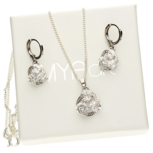 MYA art Damen Kette Ohrringe Set 925 Silber Infinity Anhänger mit Zirkonia Strass Stein Halskette Collier Creolen Hängend Schmuckset MYASIKET-82 - 5