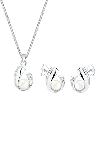 DIAMORE Damen Schmuck Schmuckset Halskette + Ohrringe Süsswasserperle Klassisch Elegant Glamourös Silber 925 Diamant 0,05 Karat Weiß Länge 45 cm