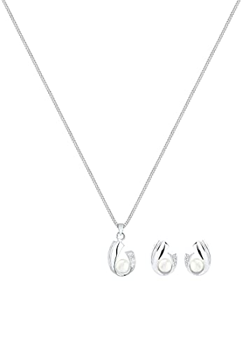 DIAMORE Damen Schmuck Schmuckset Halskette + Ohrringe Süsswasserperle Klassisch Elegant Glamourös Silber 925 Diamant 0,05 Karat Weiß Länge 45 cm - 2