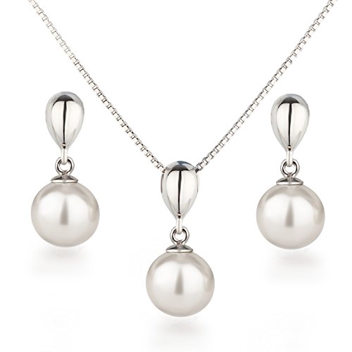 Schöner SD, Glänzendes Schmuckset mit 10mm Perlen Ohrringe und Halskette mit Anhänger, 925 Silber Rhodium Farbe weiß