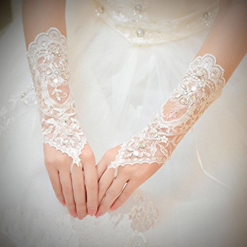 Unbekannt Brauthandschuhe fingerlos Braut Handschuhe Strass Steinchen Hochzeit Weiß Ivory (Ivory) - 2