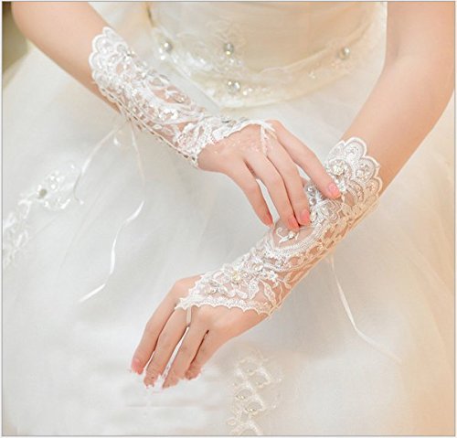 Brauthandschuhe Spitzenhandschuhe Hochzeit Braut Hochzeitshandschuhe Brautkleid Spitze Fingerlose Handschuhe mit Spitze Blumen für Hochzeitsfest ( Farbe : Weiß ) - 5