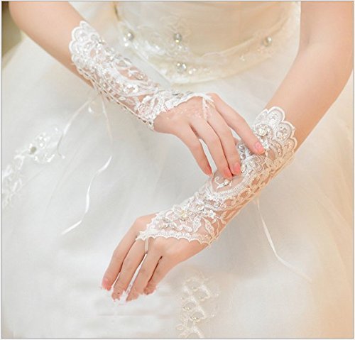 Brauthandschuhe Spitzenhandschuhe Hochzeit Braut Hochzeitshandschuhe Brautkleid Spitze Fingerlose Handschuhe mit Spitze Blumen für Hochzeitsfest ( Farbe : Weiß ) - 5