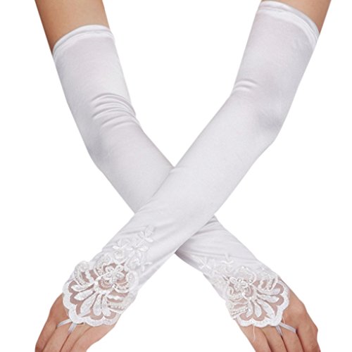 Liying Neu Damen Lange Hochzeithandschuhe Brauthandschuhe Fingerlose Spitze Handschuhe Hochzeit Abend Party Satin sexy Spitzenhandschuhe, Weiß, Einheitsgröße