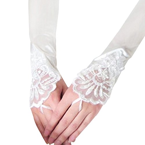 Liying Neu Damen Lange Hochzeithandschuhe Brauthandschuhe Fingerlose Spitze Handschuhe Hochzeit Abend Party Satin sexy Spitzenhandschuhe, Weiß, Einheitsgröße - 3