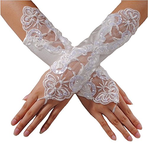 EROSPA® Handstulpen mit Stickerei und Perlen weiß Hochzeit Braut Handschuhe Fingerlos