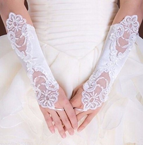 EROSPA® Handstulpen mit Stickerei und Perlen weiß Hochzeit Braut Handschuhe Fingerlos - 2