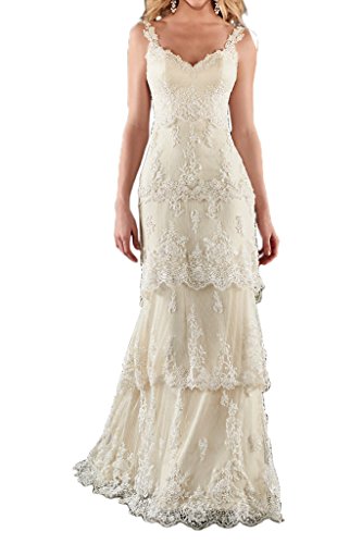 Milano Bride Zwei-Traeger Spitze Applikation Brautkleider Hochzeitskleider Tuell Lang Etui-42-Beige