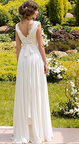 CoCogirls Braut Chiffon V-Ausschnitt Cap Sleeve Kleid Bohemien Strand Hochzeitskleider Brautkleider Abendkleid (36, Elfenbein) - 2
