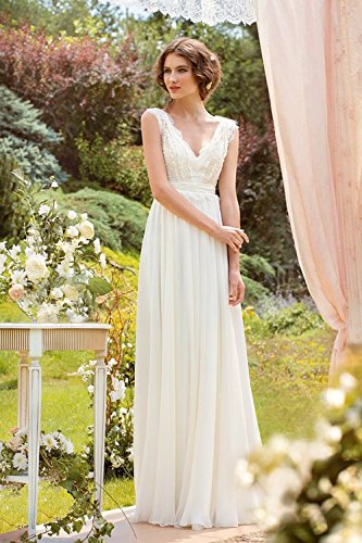 CoCogirls Braut Chiffon V-Ausschnitt Cap Sleeve Kleid Bohemien Strand Hochzeitskleider Brautkleider Abendkleid (36, Elfenbein) - 3