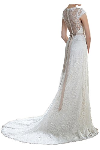 Milano Bride Elegant Etui-Linie Kurzarm V-Ausschnitt Hochzeitskleider Brautkleider Brautmode Spitzenkleider mit Schleifband Schleppe-38-Elfenbein - 